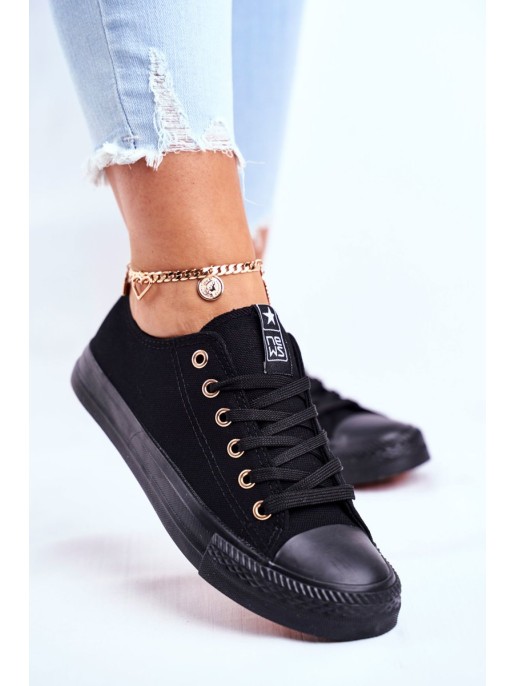 Women's Classic Sneakers Black with Gold Eyelets Ecoma