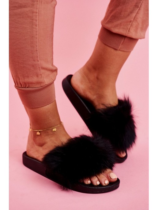 Women's Slides With Fur Black Belmondo