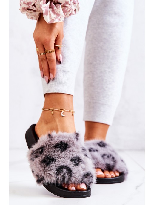 Slippers With Fur Rubber Leopard Gray Noelle