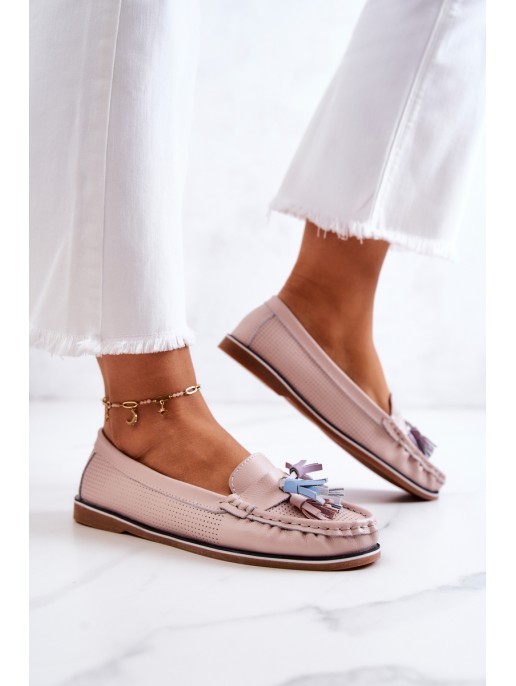 Women's Leather Loafers With Fringes Pink Laressa