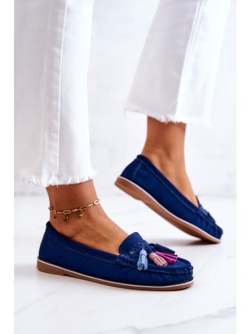 Women's Suede Loafers With Fringes Navy Laressa
