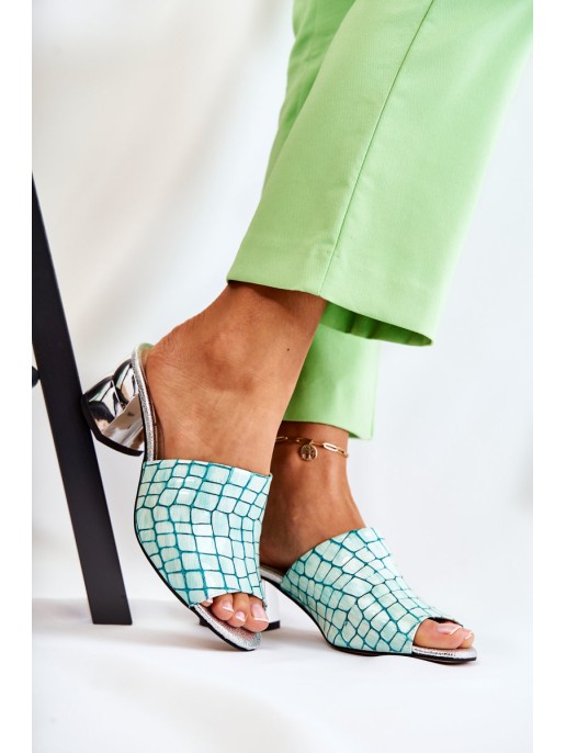 Leather Women's Slippers Crocodile pattern On Heel Light green Perry