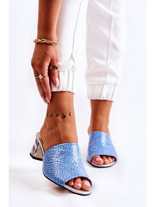Leather Women's Slippers Crocodile pattern On Heel Blue Perry