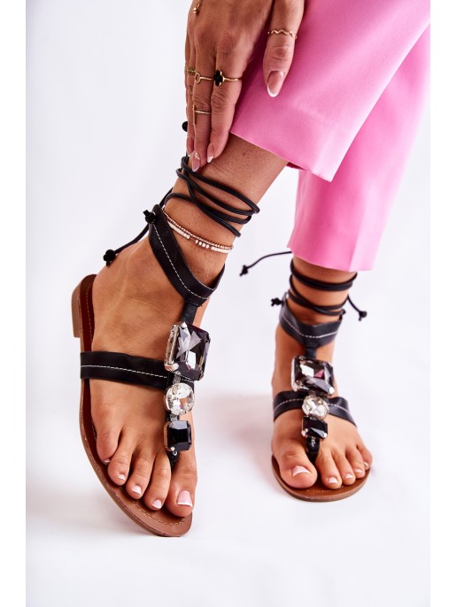 Tied Sandals With Crystals Black Shendon
