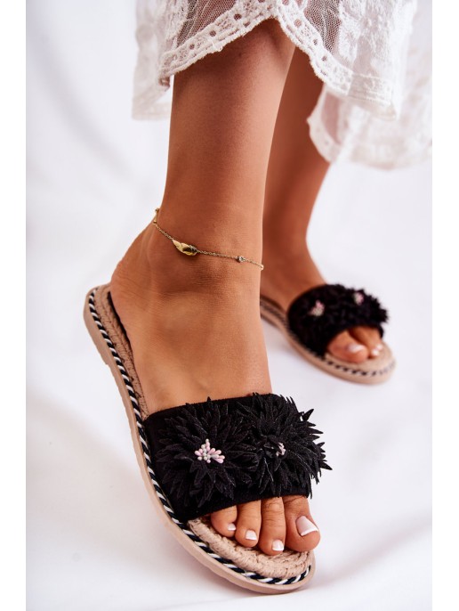 Women's Slippers With Material Flowers Black Susana