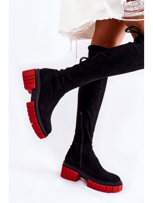 Women's Suede Boots Workers Black and Red Cheera