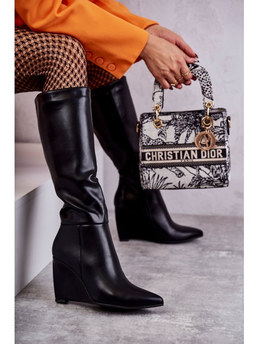 Leather Women's Wedge Boots Black Arlene