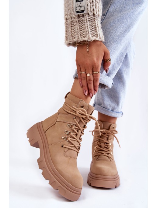 Leather Warm Lace-up Boots Beige Merisha