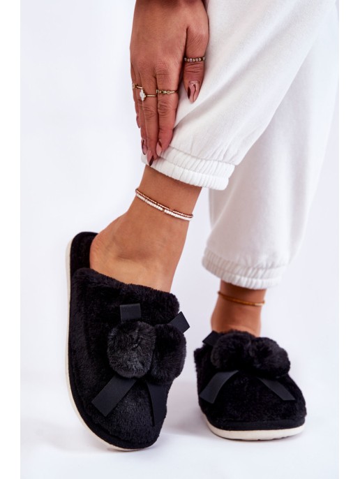 Women's Fur Slippers With Pompoms Black Castello