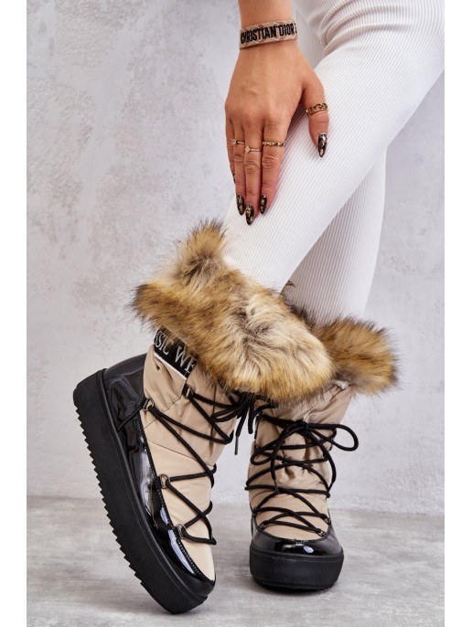 Women's Lace-up Snow Boots Beige and Black Santero