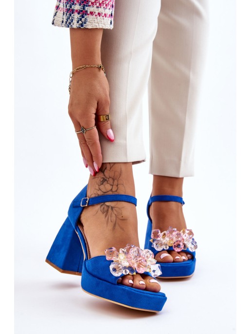 Fashionable Sandals With Crystals On Chunky Heels Blue Garrett