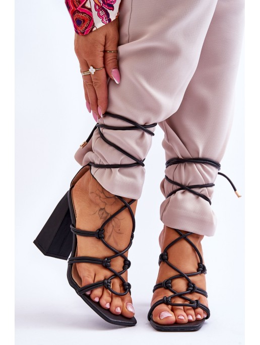 Leather Tied Heeled Sandals Black Amare