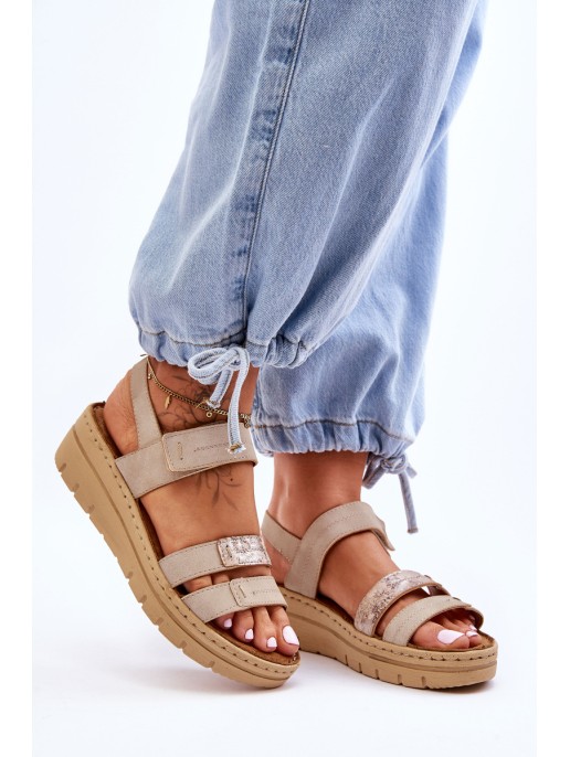 Women's Leather Sandals With Velcro Beige Fresh Look