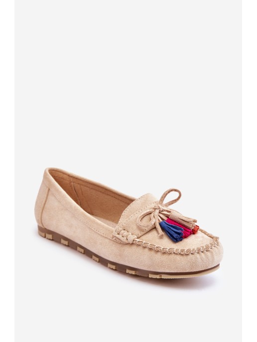 Suede Loafers With Bow And Fringes Beige Dorine