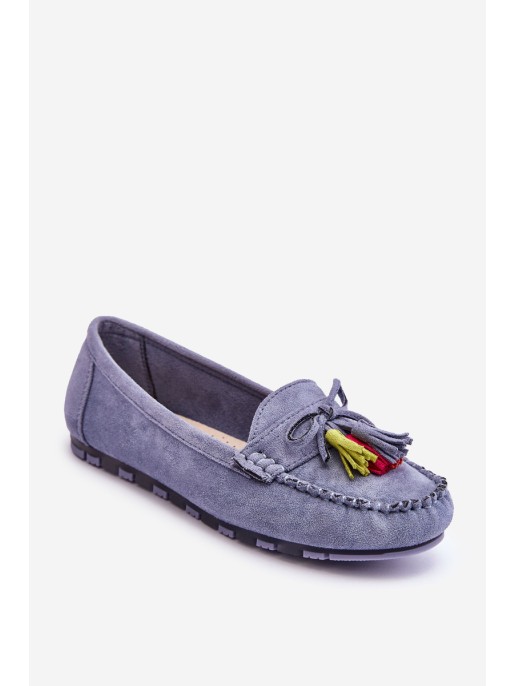 Suede Loafers With Bow And Fringes Blue Dorine