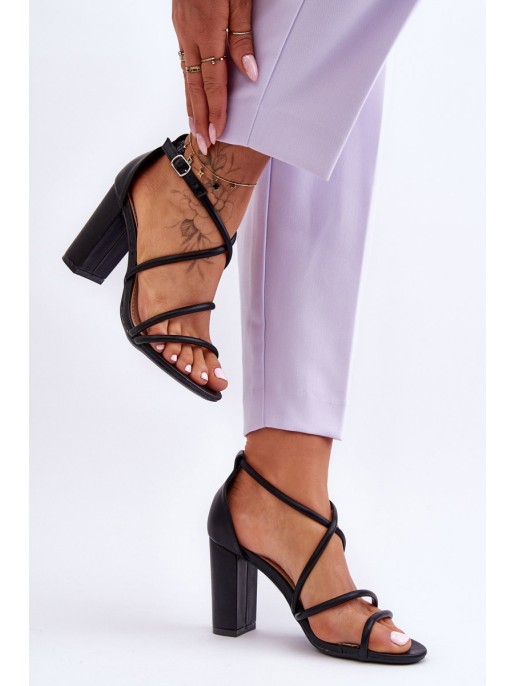 Leather High Heel Sandals With Straps Black La Meria