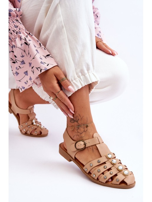 Women's Flat Sandals With Zircons Beige Ascot