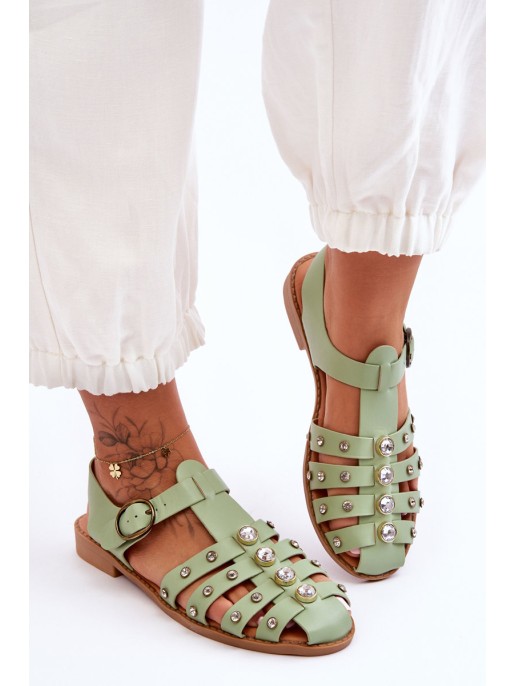 Women's Flat Sandals With Zircons Green Ascot