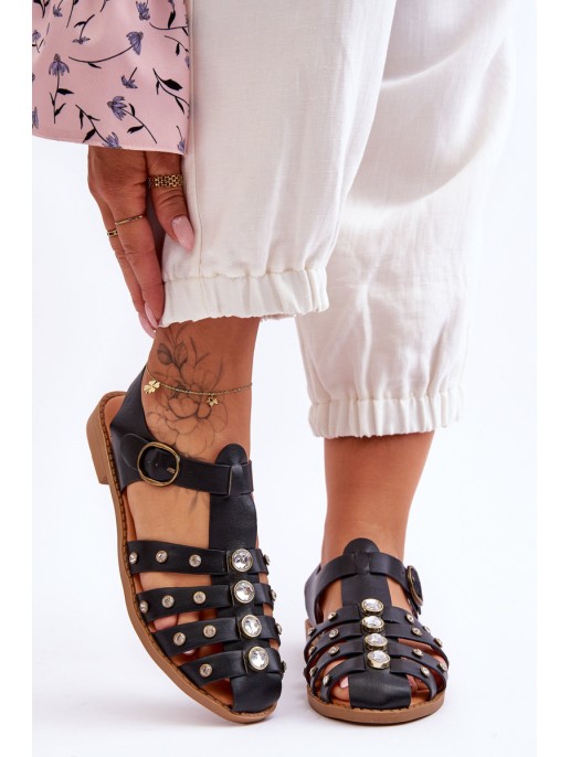 Women's Flat Sandals With Zircons Black Ascot