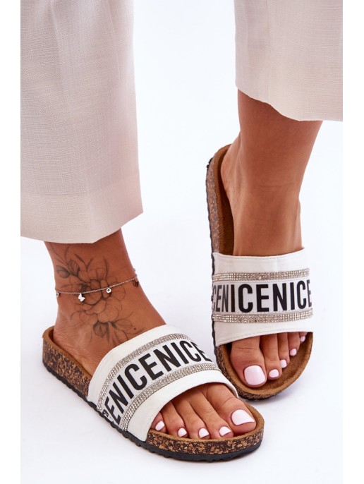 Sandals With Rhinestones On Cork Heel White Be Nice