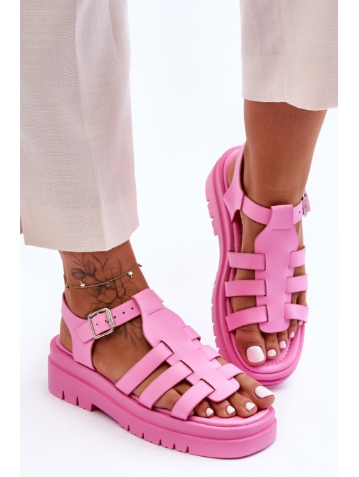 Leather Flat Sandals with Straps Pink Diosa