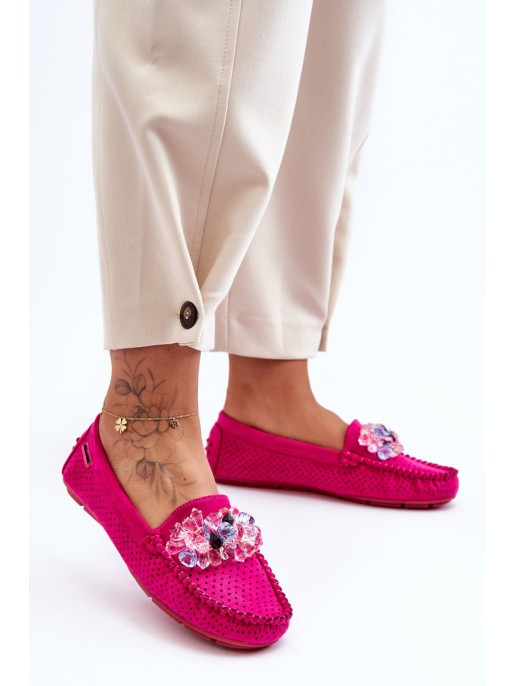 Stylish Suede Moccasins with Decorations Fuchsia Delima