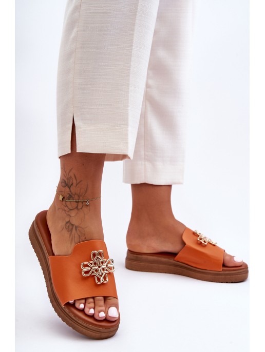 Women's Leather Platform Slippers with Decoration Orange Azera