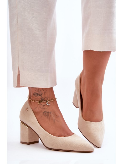 Classic Suede Pumps On Heel With Ornament Light Beige Derren