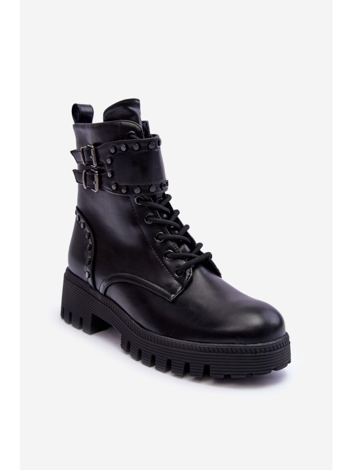 Leather Embellished Boots Worker Black Carshena