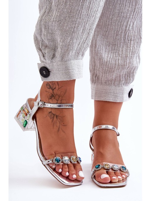 Women's Heeled Sandals With Crystals Silver SBarski MR1037-01
