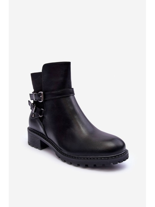 Women's Leather Boots With Straps Black Minks