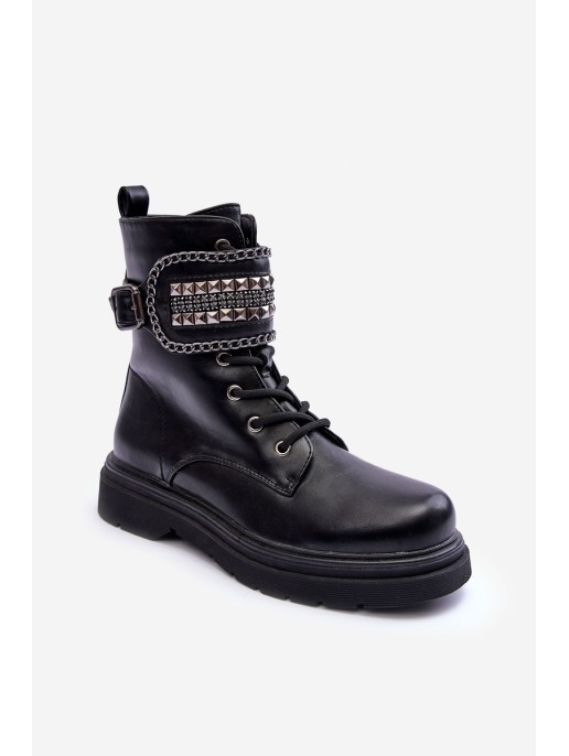 Leather Boots Workery Decorated with Studs Black Kongei