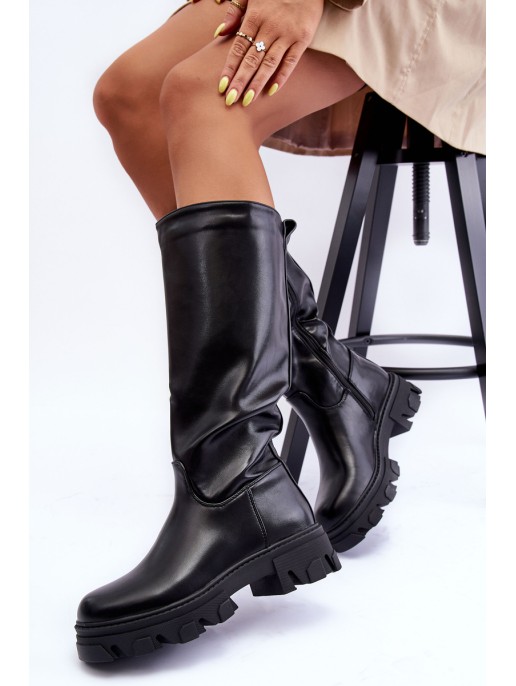 Women's Leather Officer Boots on a Flat Heel Black Nenet