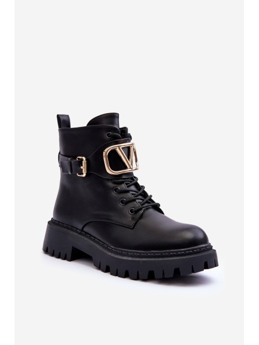 Stylish Lace-up Boots with Ornament Black Ollia
