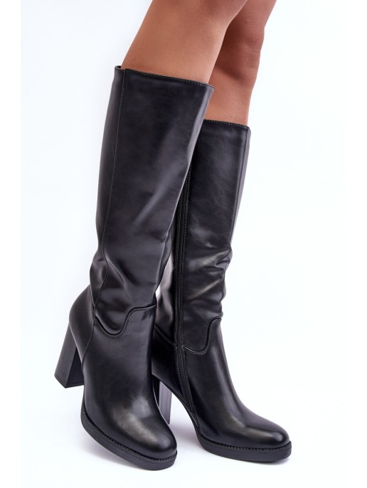 Elegant Leather Knee-High Boots On Heel Black Felsha