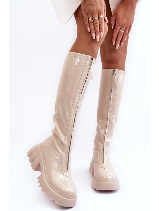 Lace-up Platform Boots with Glossy Finish Beige Ringo
