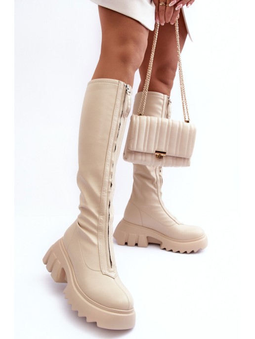 Leather Ankle Boots On Massive Platform With Zipper Beige Ringo