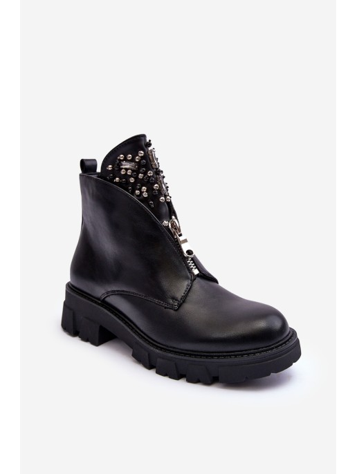 Low Embellished Leather Boots With Zipper Black Escika