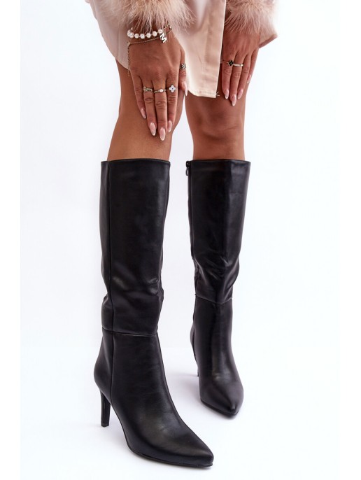 Leather Knee-High Boots with Heel Black Serpens