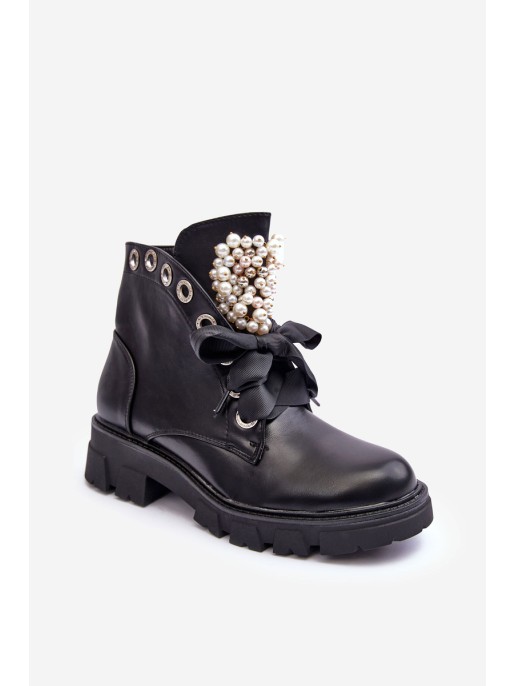 Leather Embellished Low Boots On A Flat Heel Black Binga