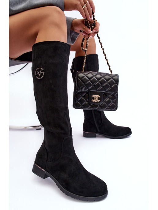 Women's Suede Boots on Flat Heel Black Albuna