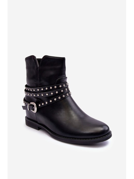 Women's Adorned Leather Boots on a Flat Heel Black Adkrana