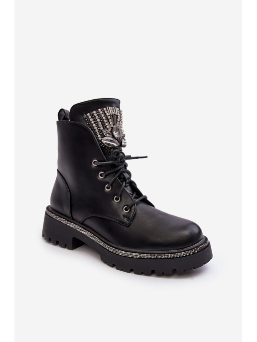 Low Boots Worker With Jewelry Decoration Black Melenope