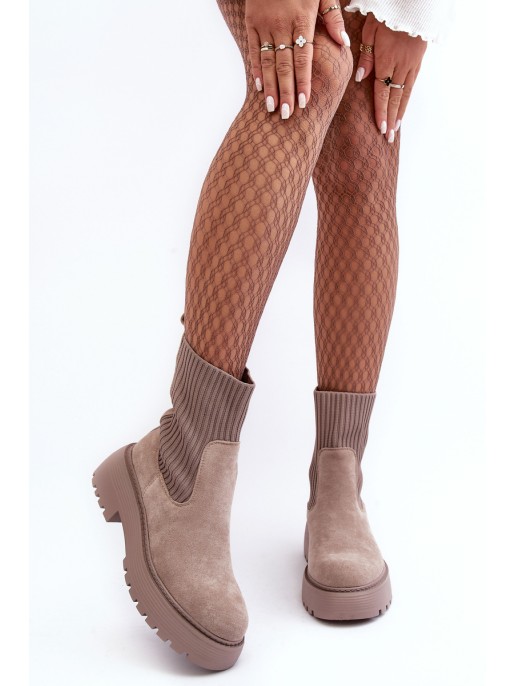 Women's Suede Boots With Sock On Platform And Flat Heel Dark Beige Rewam