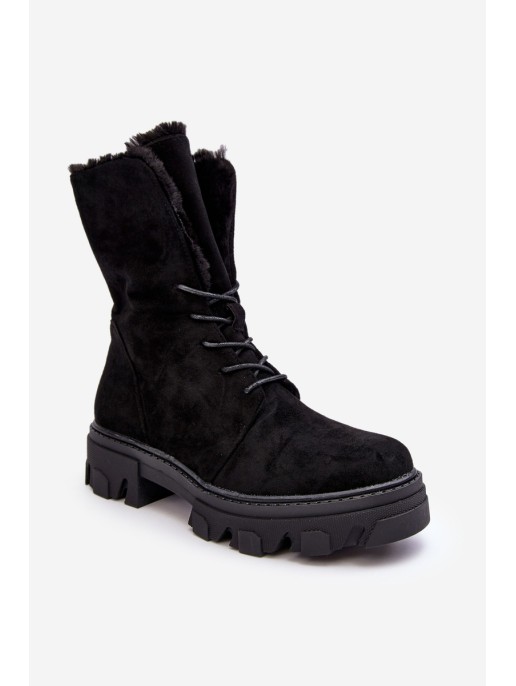 Suede Lace-Up Boots with Faux Fur Workery Black Frendo