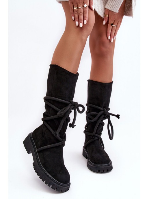 Women's Suede Boots with Lacing Black Tanive