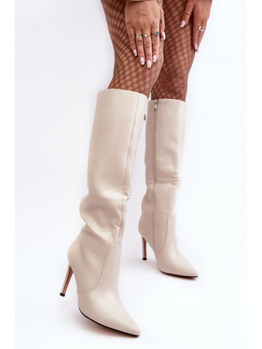 Leather Heeled Ankle Boots Beige Melisandra