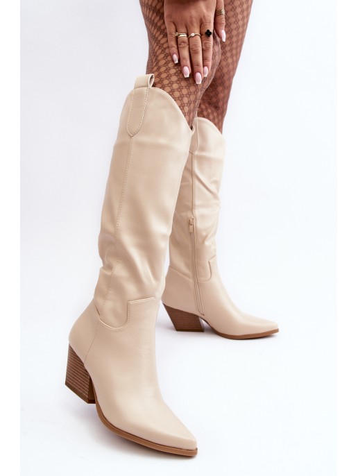 Women's Cowboy Boots On Heel Light Beige Kaspella