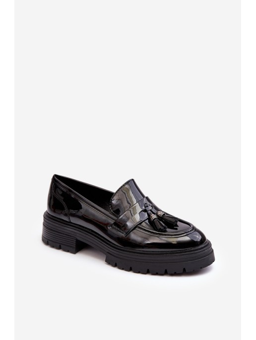 Loafers With Fringes Lacquered Shoes Black Velenase