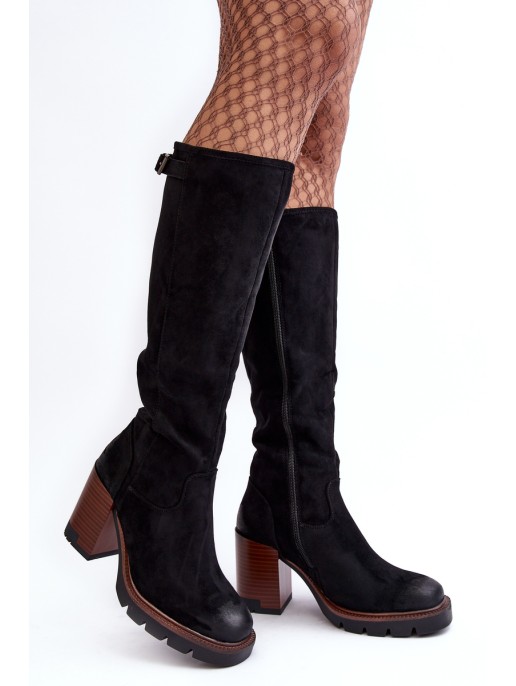 Women's Chunky Heel Ankle Boots with Fur Lining Black Alzeta